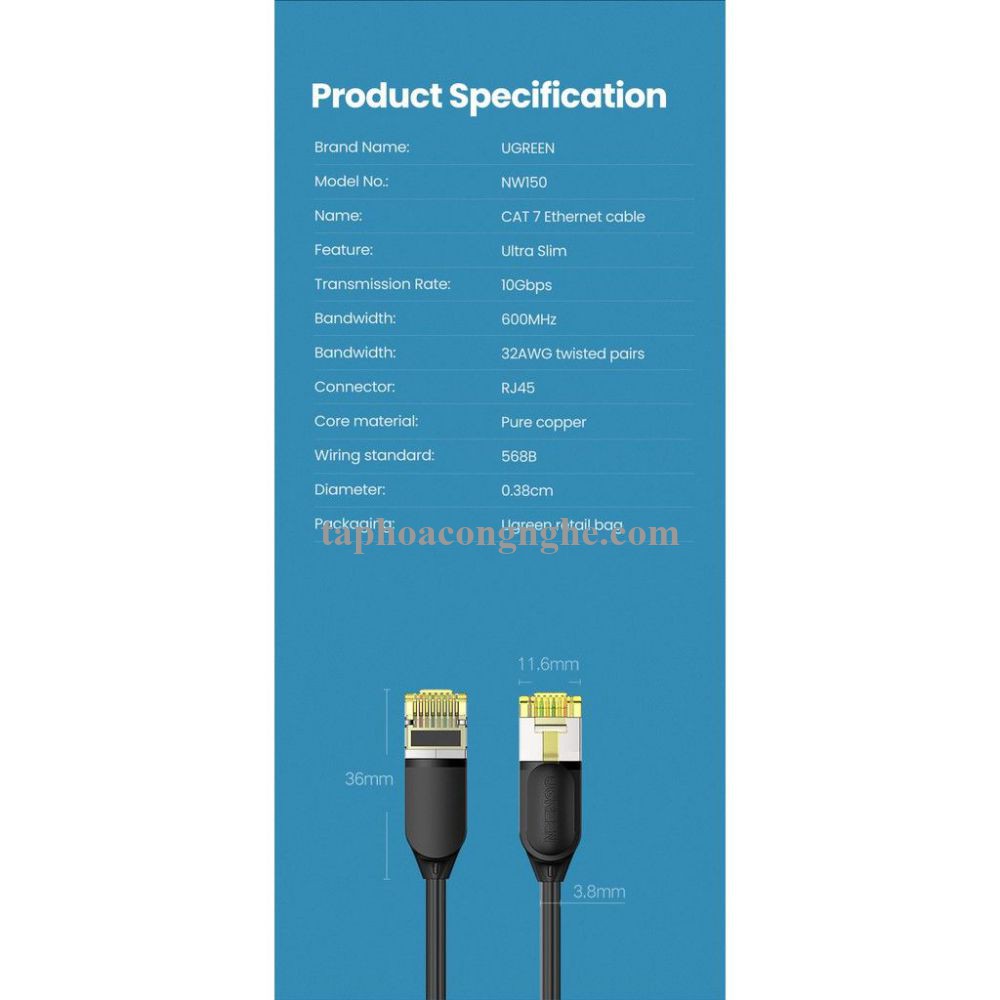 Ugreen 80414 0.5M 10Gbps màu đen cáp mạng CAT7 siêu mỏng nhỏ 0.38mm NW149 30080414